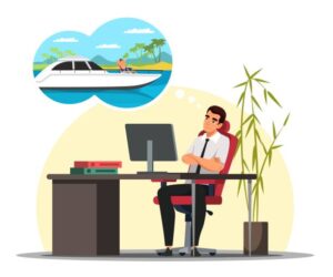 Man at workplace thinking about sailing on yacht, imagines future rest. Sailor at helm yachting. Office male worker dreaming of vacation at sea. Vector character illustration of dreamy employee