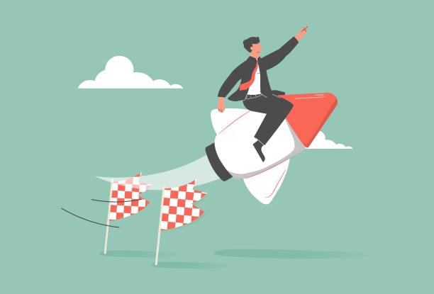 Cartoon businessman moving top on rocket and crash set vector graphic illustration. Collection of successful team moving high isolated on white. Business motivation, fail and startup development