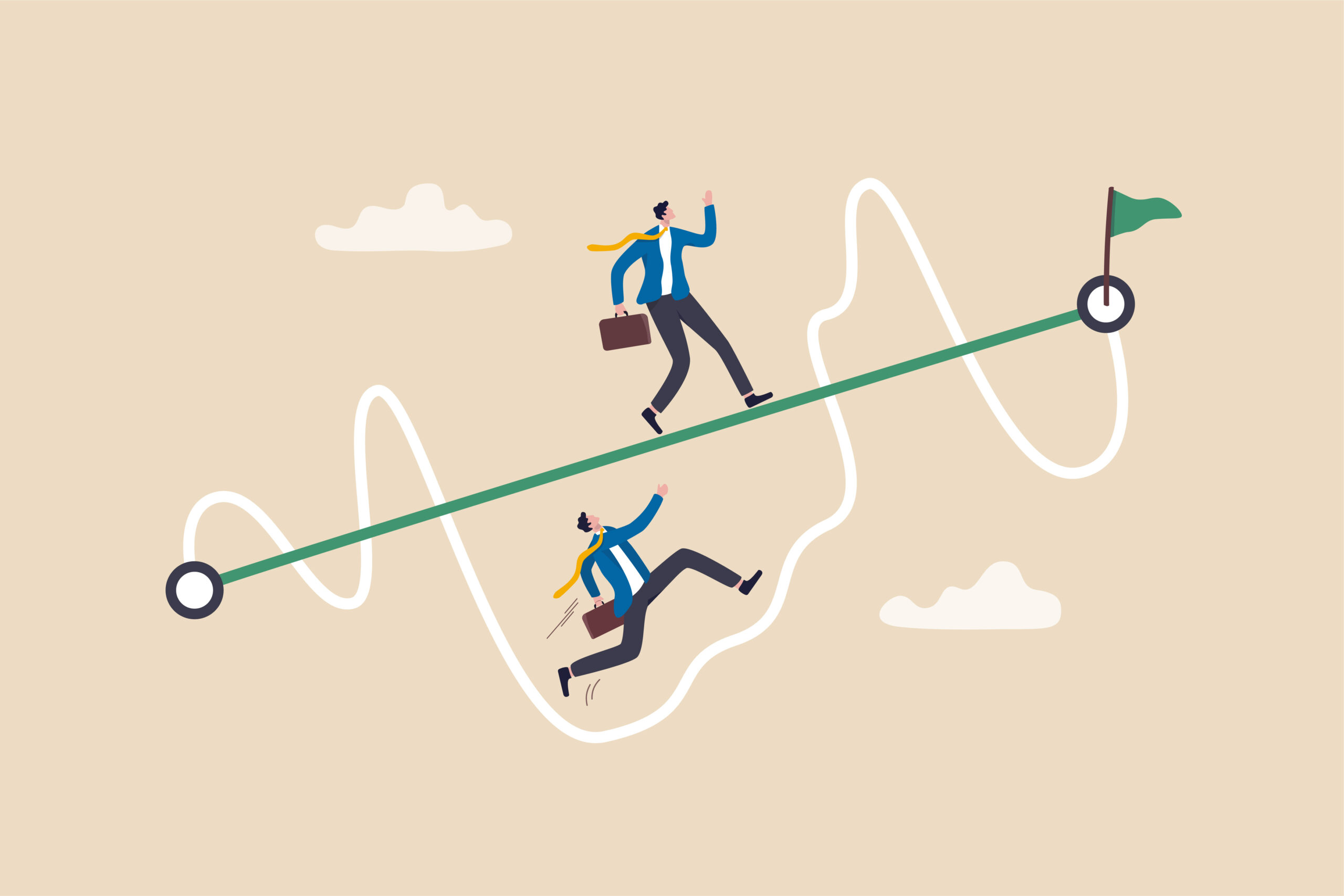 Easy or shortcut way to win business success or hard path and obstacle concept, businessmen competing with smart guy running on straight easy way and other on hard messy path.